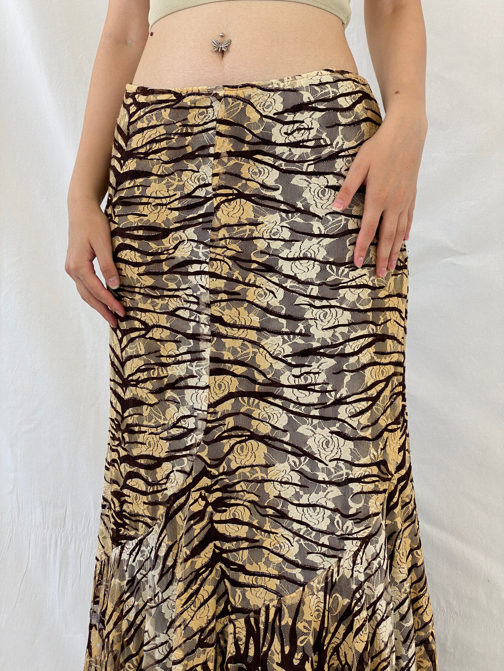 Vintage Brown Zebra Print Floral Lace Satin Trim Hem Maxi Skirt - L