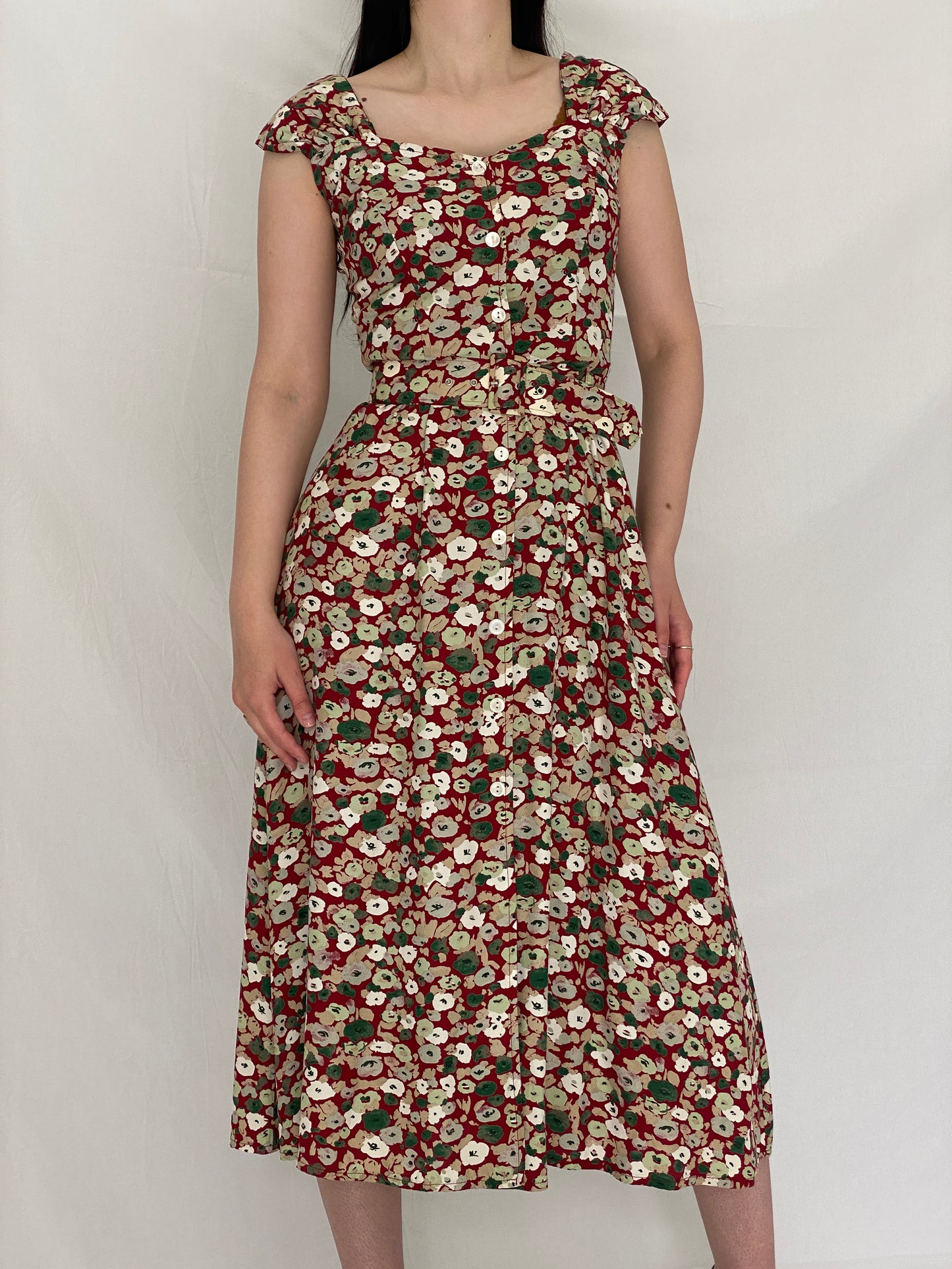Romantic Vintage Magnolia Red Floral Button-Front Belted Midi Dress – S