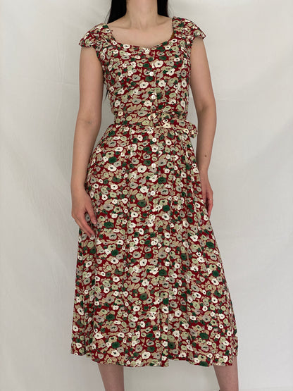 Romantic Vintage Magnolia Red Floral Button-Front Belted Midi Dress – S