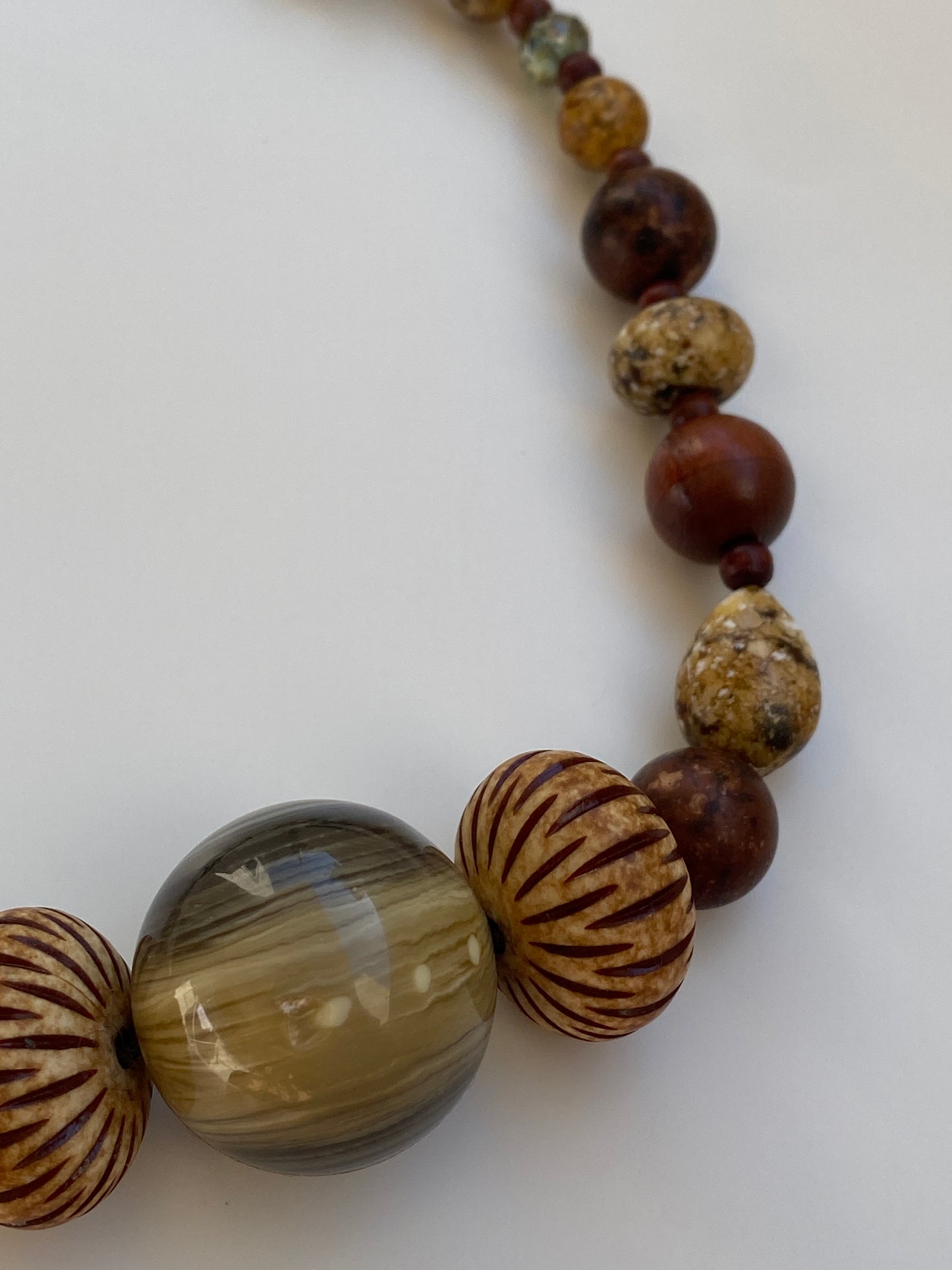 Vintage Teresa Goodall Brown Wood Art Glass Chunky Beaded Necklace