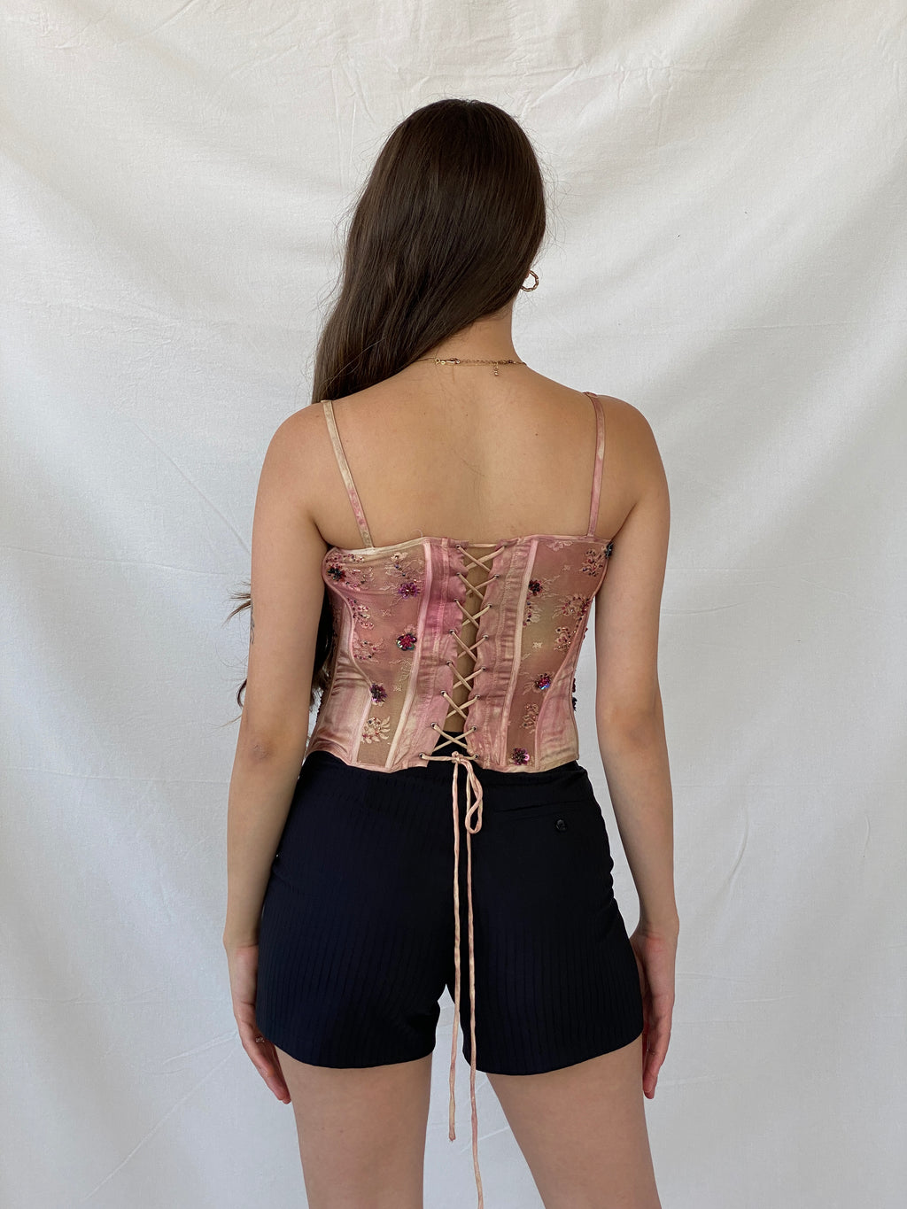 كورسيه جوراندو الوردي المزين بالخرز من التسعينيات بسحاب أمامي - مقاس صغير