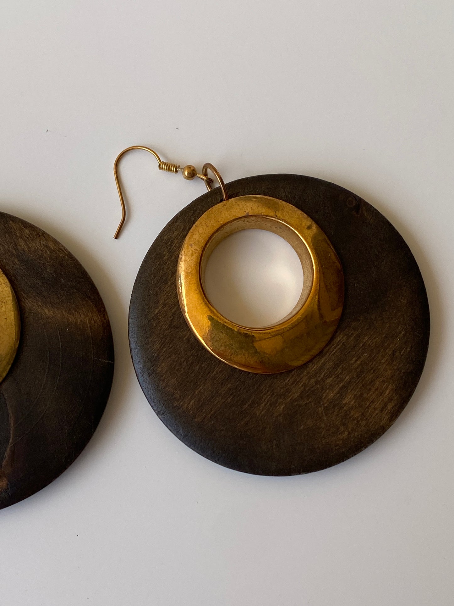 Vintage Dark Wood Round Disc Drop Earrings with Gold Brass Circle Centre