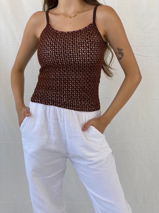 Y2K Brown Cami Top With Shimmery Knitted Crochet Detailing - M