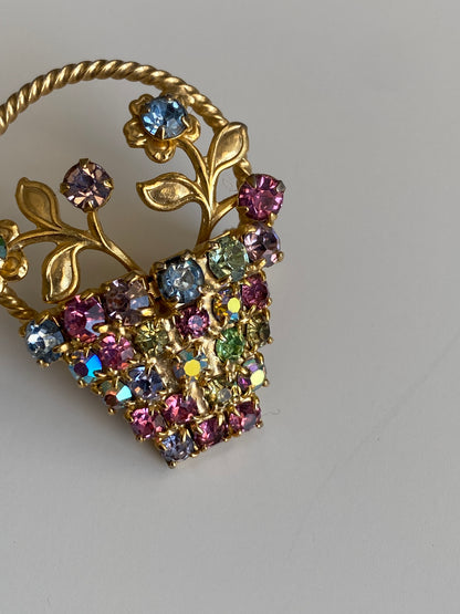 Vintage Gold Tone Multicolor Rhinestone Flower Basket Brooch Floral Statement Pin