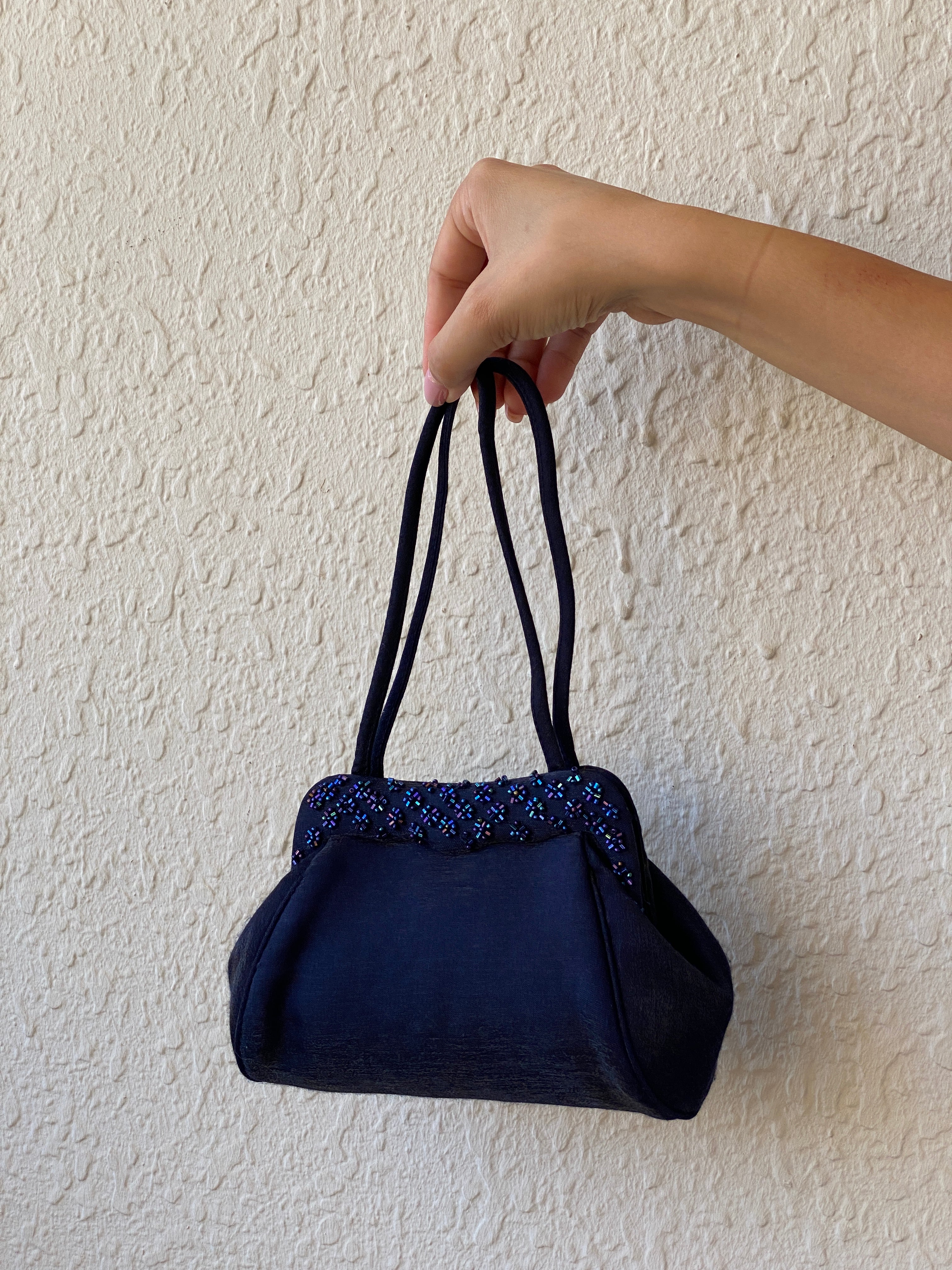 Vintage Handmade Sasha Navy Blue Beaded Mini Evening Purse