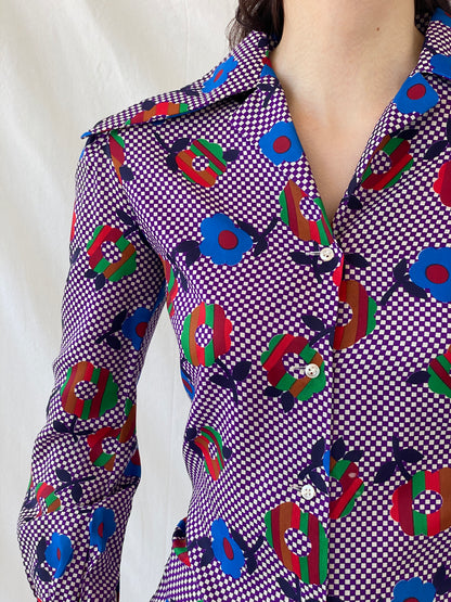 Vintage Qwer Geometric Floral Art Color Blast Full Sleeve Shirt - S