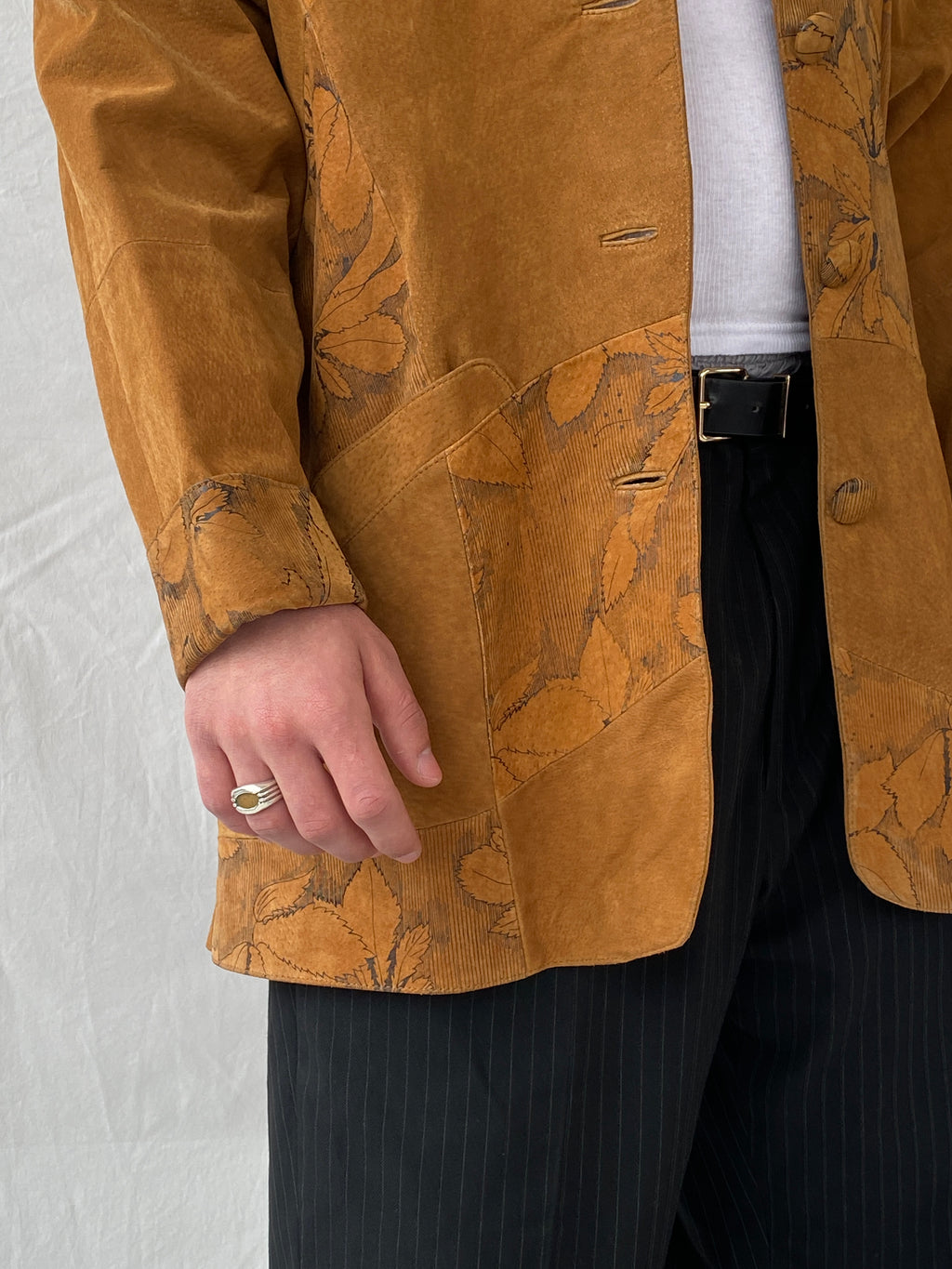 Vintage Men’s Genuine Brown Suede Leather Oversized Floral Blazer - XL