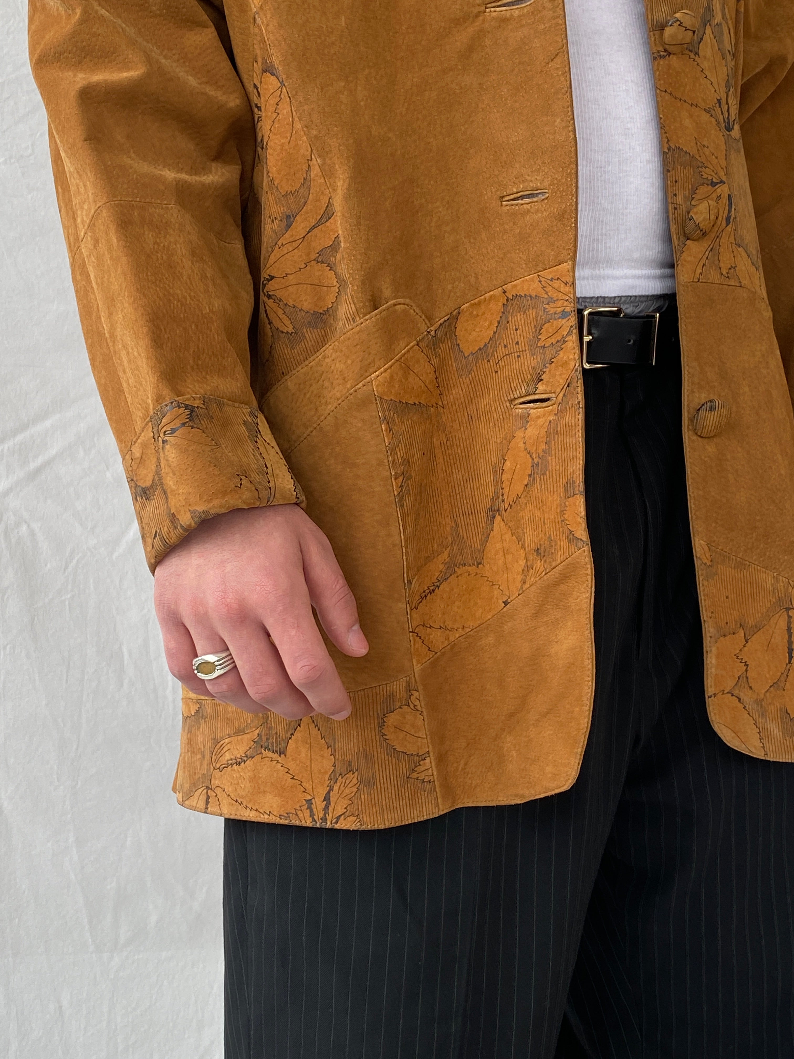 Vintage Men’s Genuine Brown Suede Leather Oversized Floral Blazer - XL