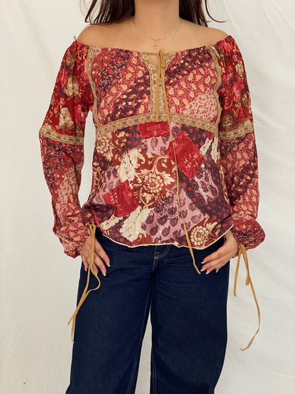 Vintage Y2K Fresh Wear Burgundy Patchwork Cottagecore Peasant Blouse - M