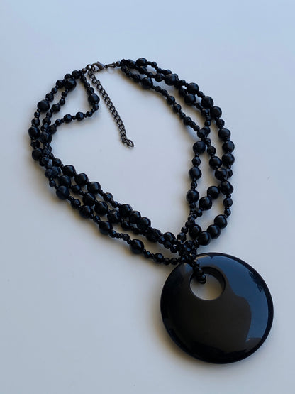 Y2K Black Multi-Strand Beaded Oversized Disc Pendant Necklace