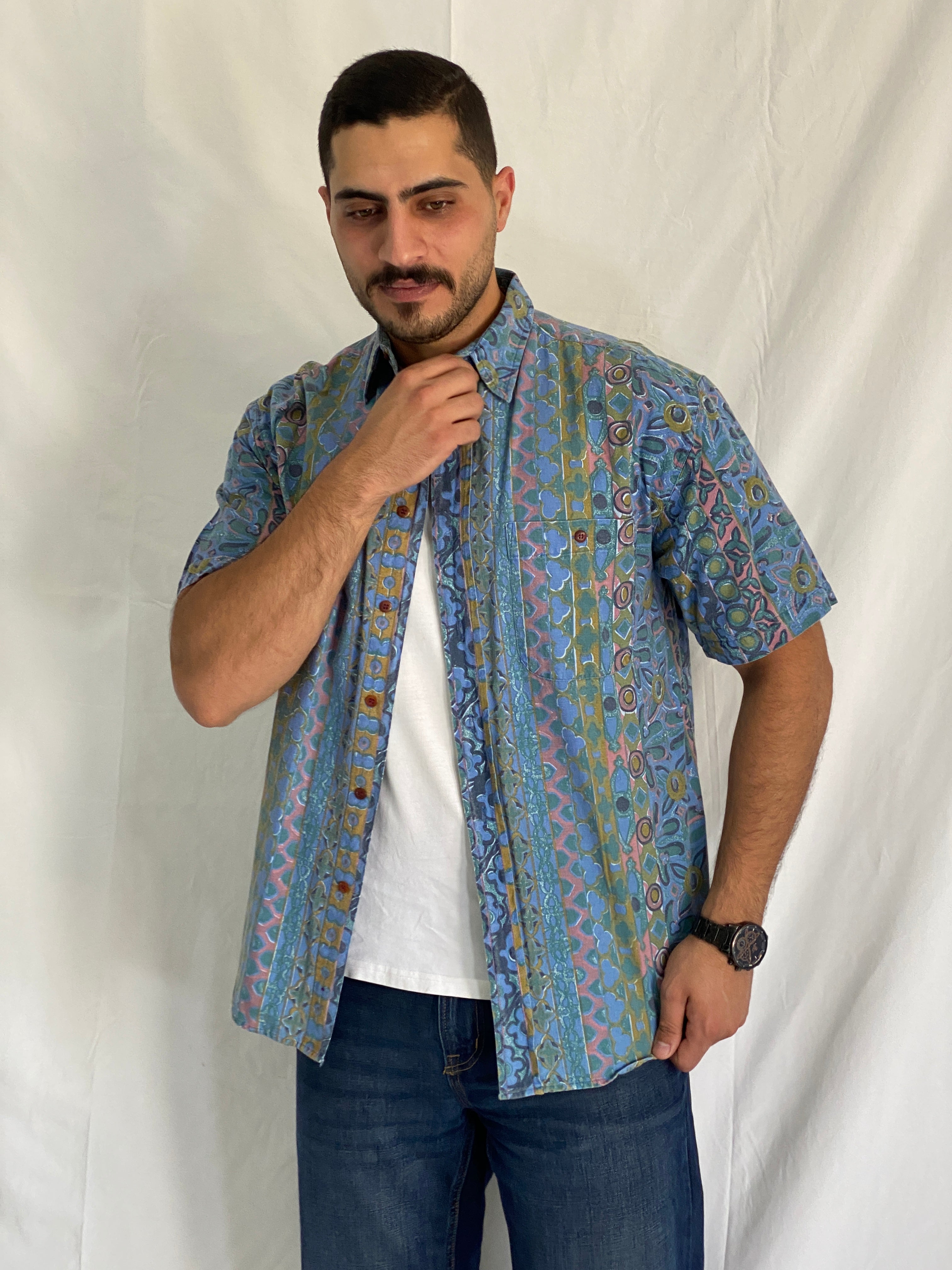 Vintage BADGE Short Sleeve Cotton Shirt Blue Geometric Print - M