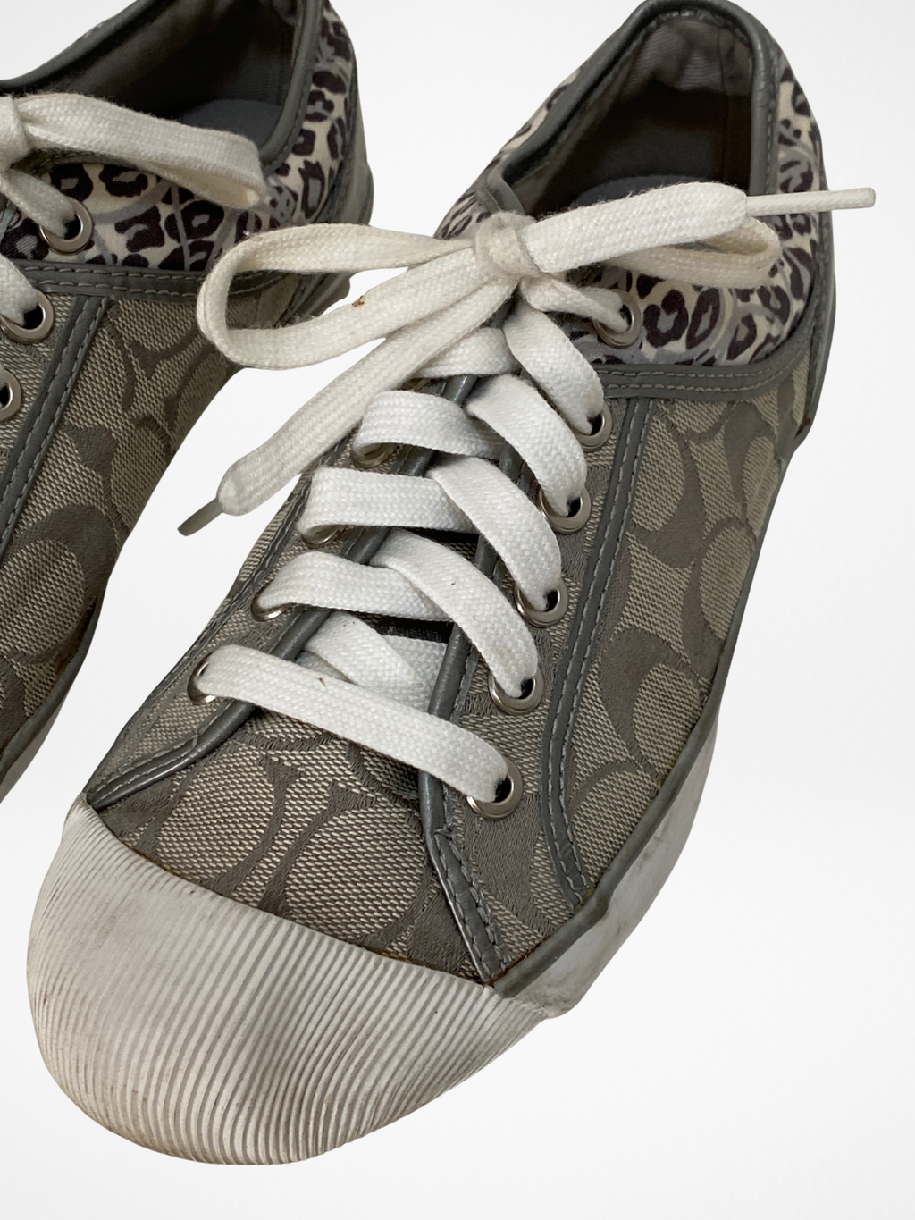 Coach Gray Monogram Canvas Sneakers with Leopard Trim - 38.5EU