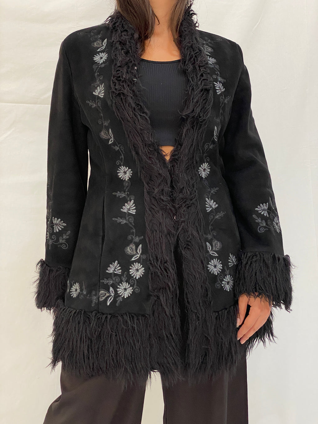 Vintage NEXT Black Embroidered Faux Suede Penny Lane Coat Y2K Boho Shaggy Trim Jacket - M