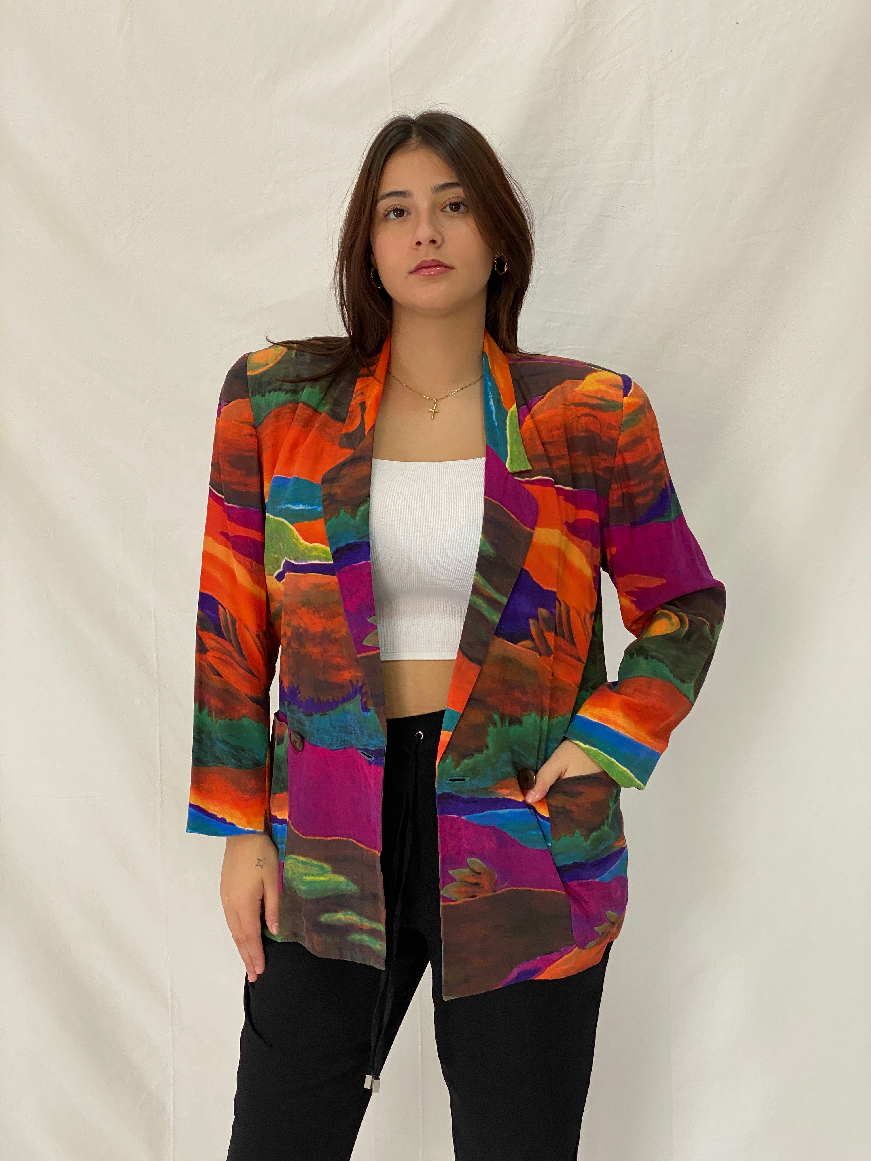 Vintage Linda Allard for Ellen Tracy Silk Abstract Landscape Art Print Blazer - M