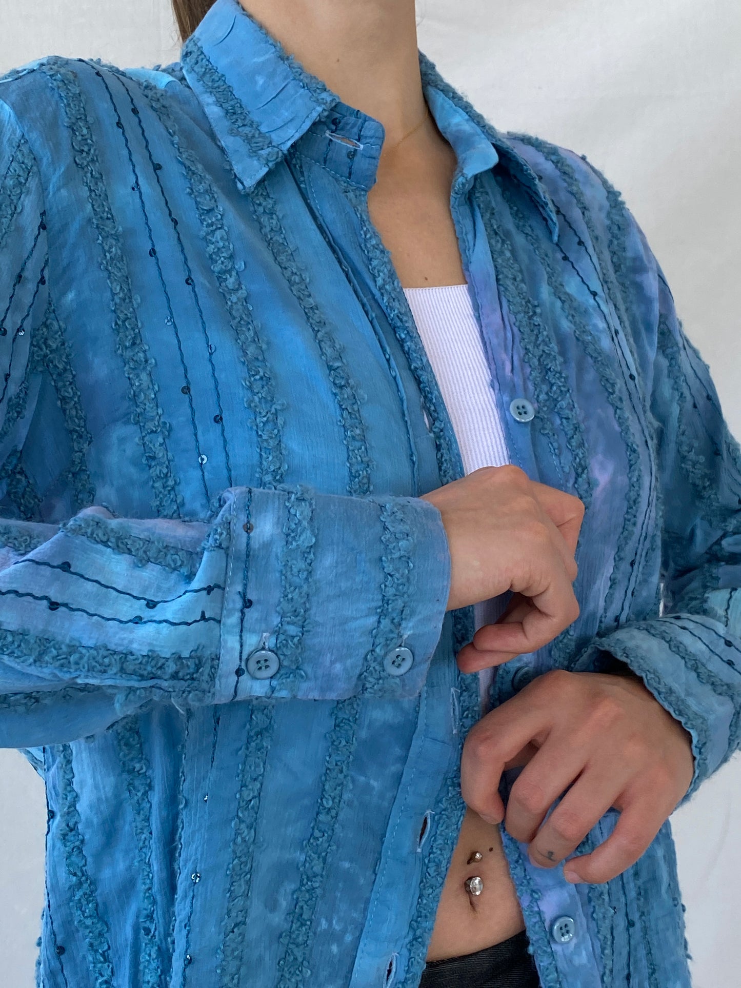 Vintage Tie-Dye Women’s Button Up Blue Sequin Cotton Shirt - M