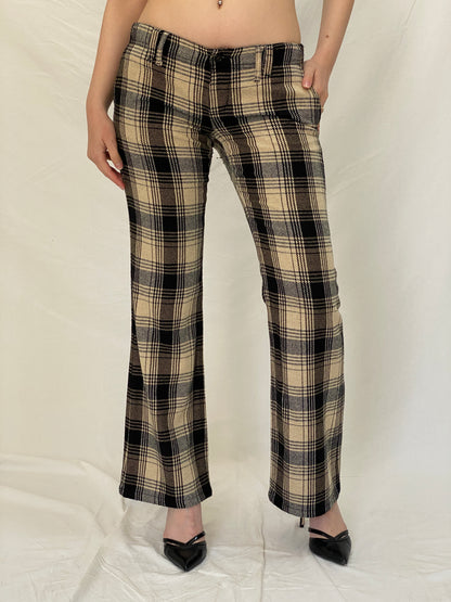 Vintage Y2K Freeman T. Porter Beige & Black Plaid Low Rise Flare Pants - M