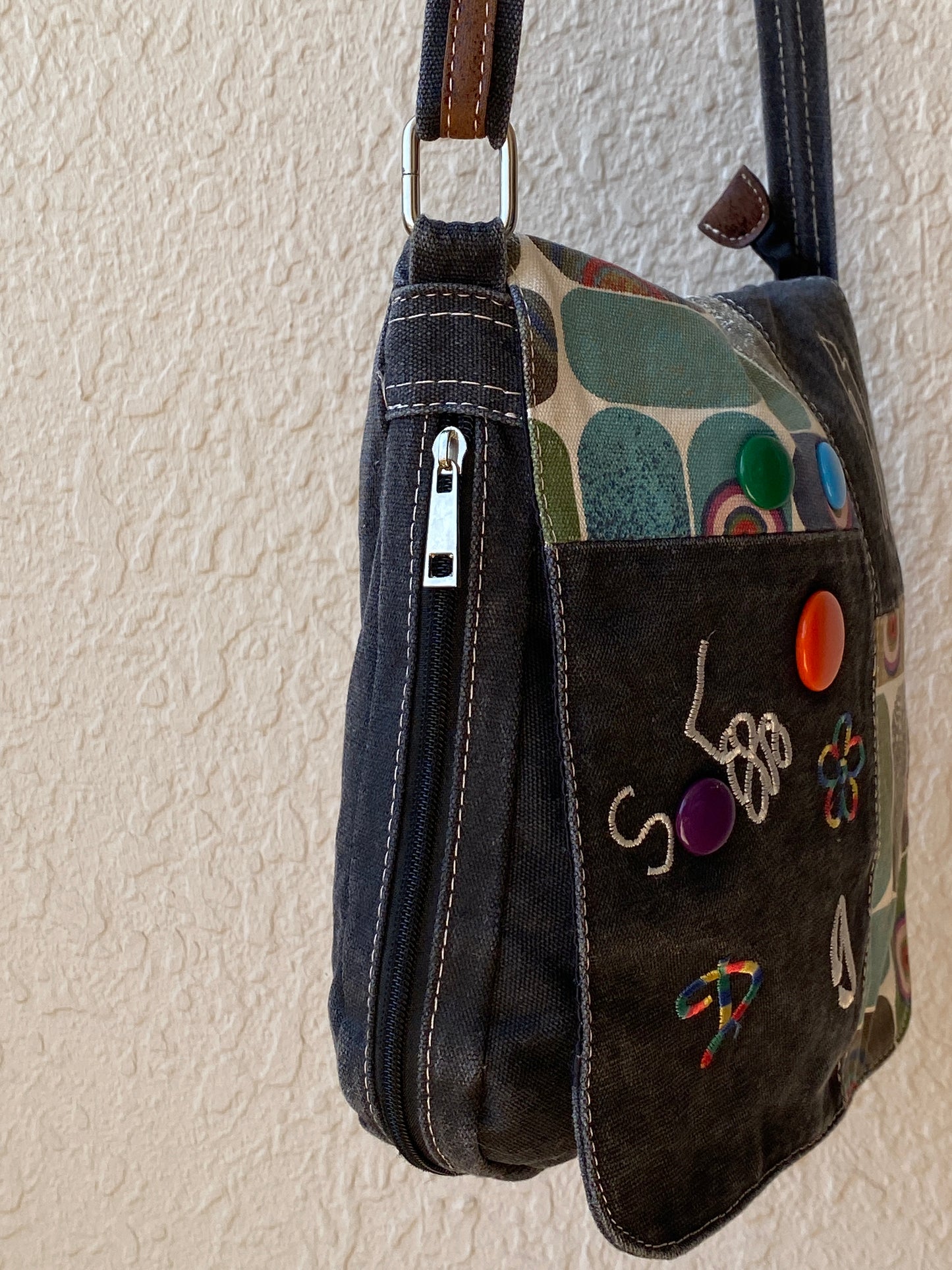 Y2K Cessaci Patchwork Denim Crossbody Bag with Embroidered Details