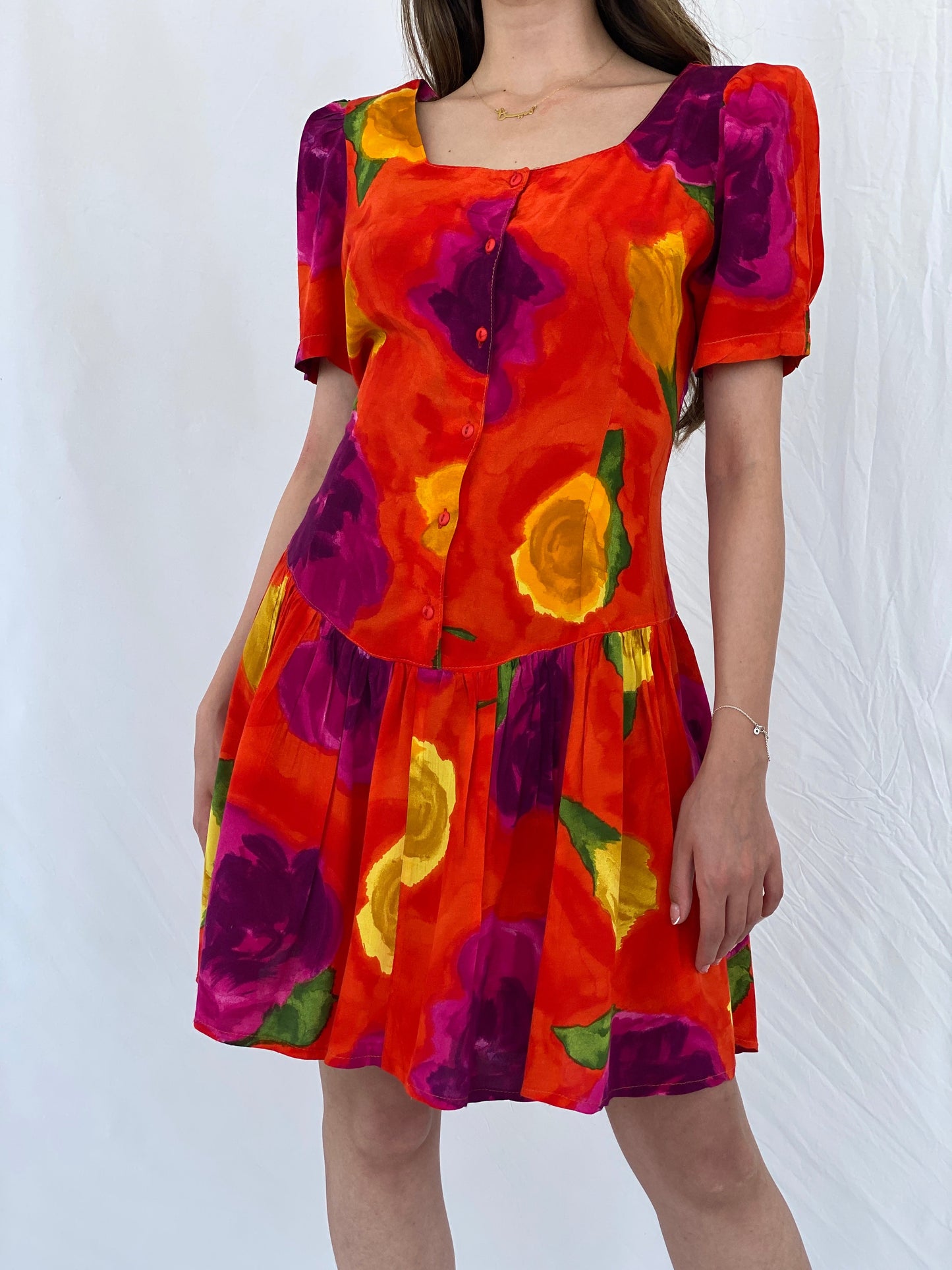 Vintage 80s La Li T Orange Floral Midi Dress - L