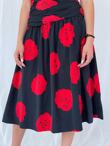 Stunning Vintage 80s Handmade Black Rose Print Midi Party Dress Size M - Balagan Vintage Midi Dress 90s, black dress, dress, floral dress, formal dress, Juana, midi dress, NEW IN