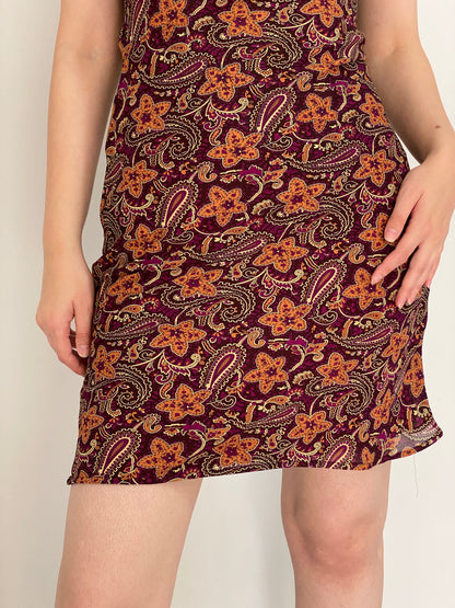 Vintage 90s Janette USA Burgundy Floral Paisley Slip Mini Dress – S