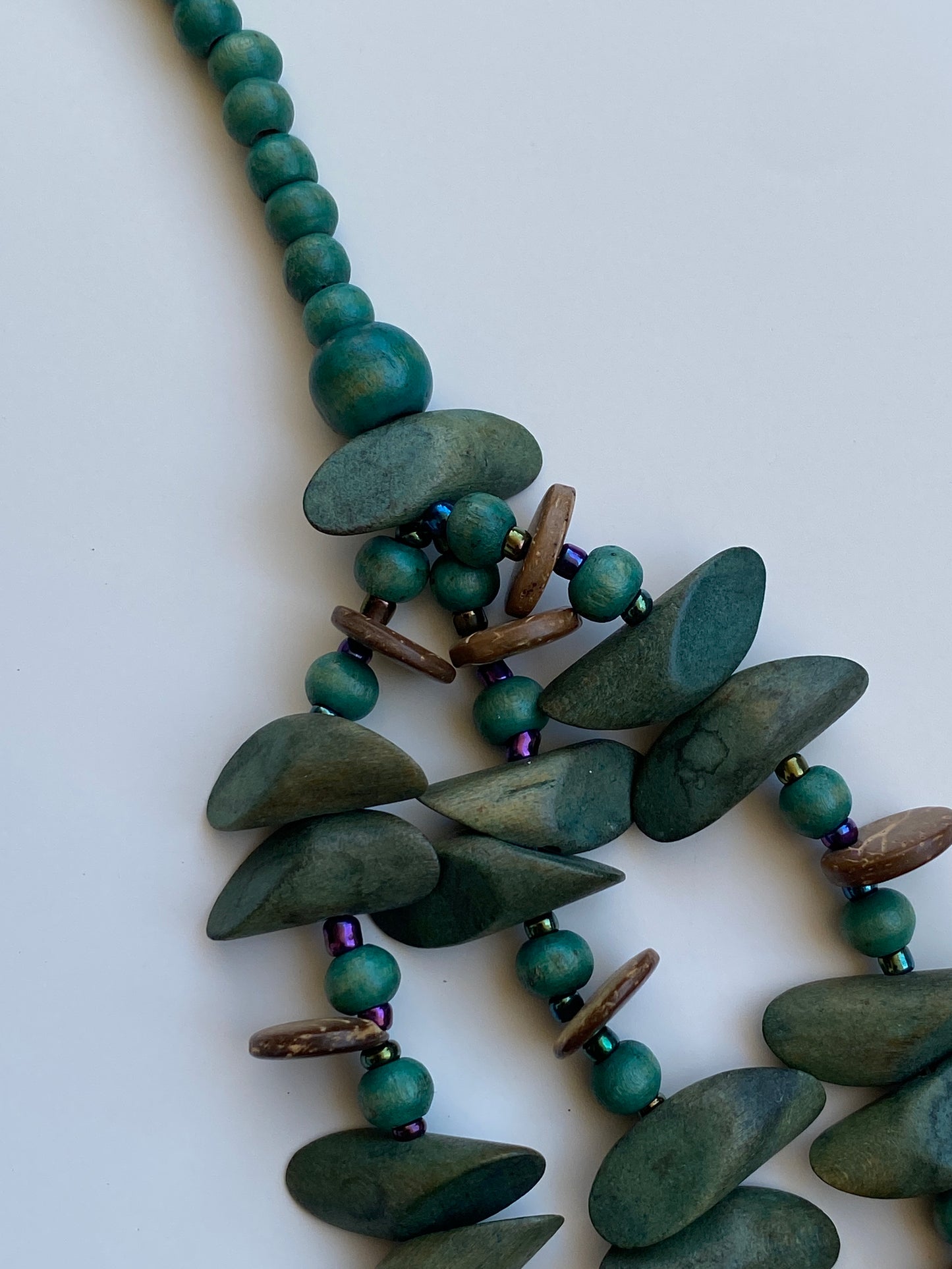 Vintage Boho Green Multi-Strand Wood Beaded Necklace