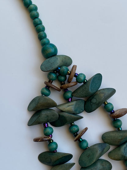 Vintage Boho Green Multi-Strand Wood Beaded Necklace