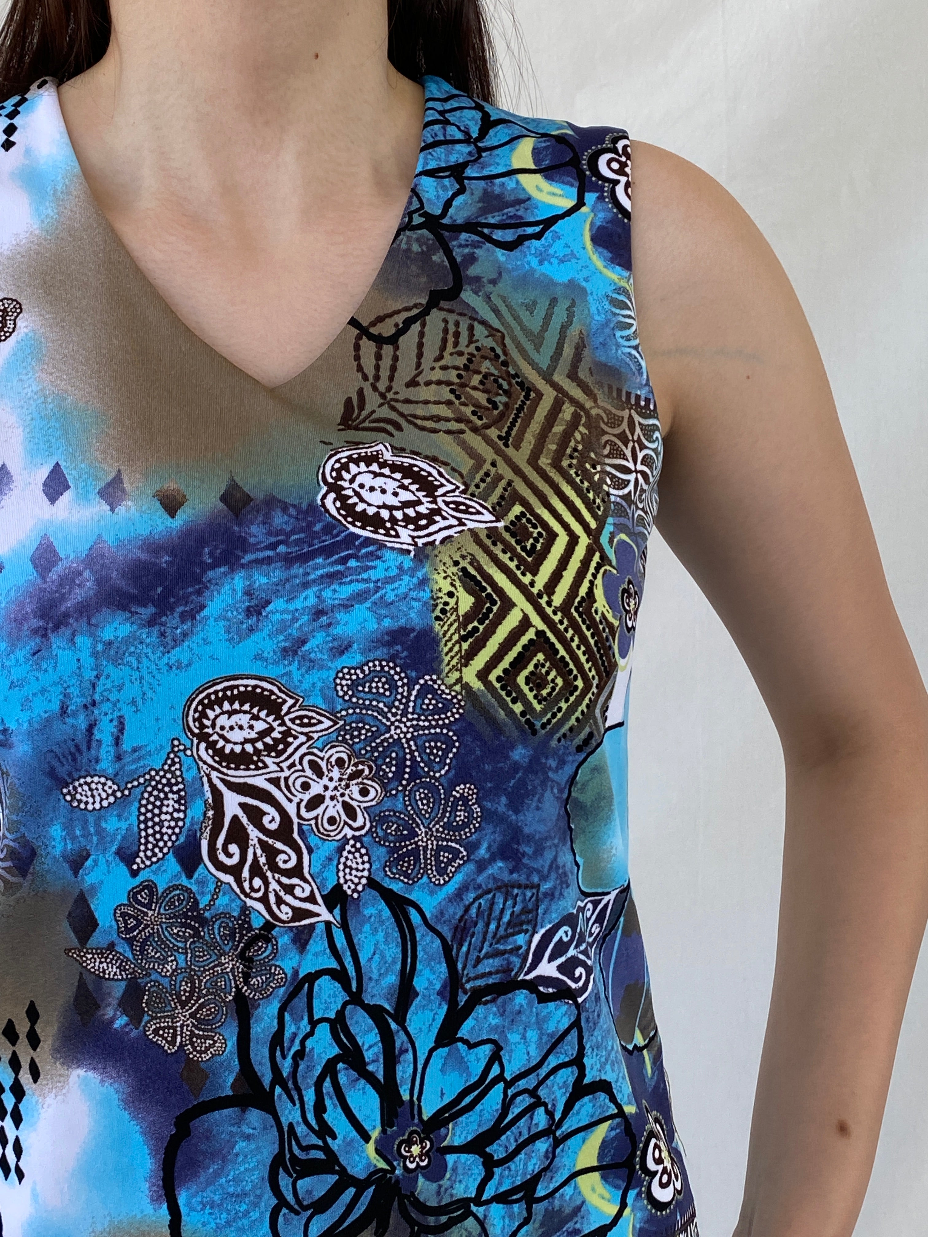 Vintage Y2K Biaggini Floral Blue V-Neck Sleeveless Tank Top - L