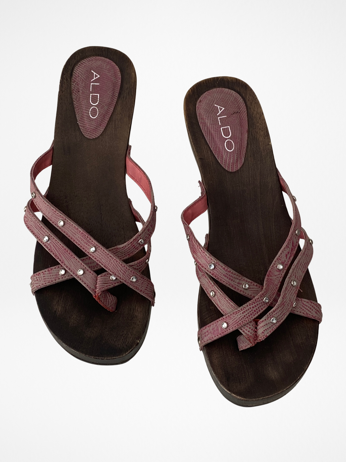 Vintage Y2K ALDO Pink Rhinestone Strappy Wooden Clog Sandals - 37 EU Vintage Y2K ALDO Pink Rhinestone Strappy Wooden Clog Sandals - 37 EU