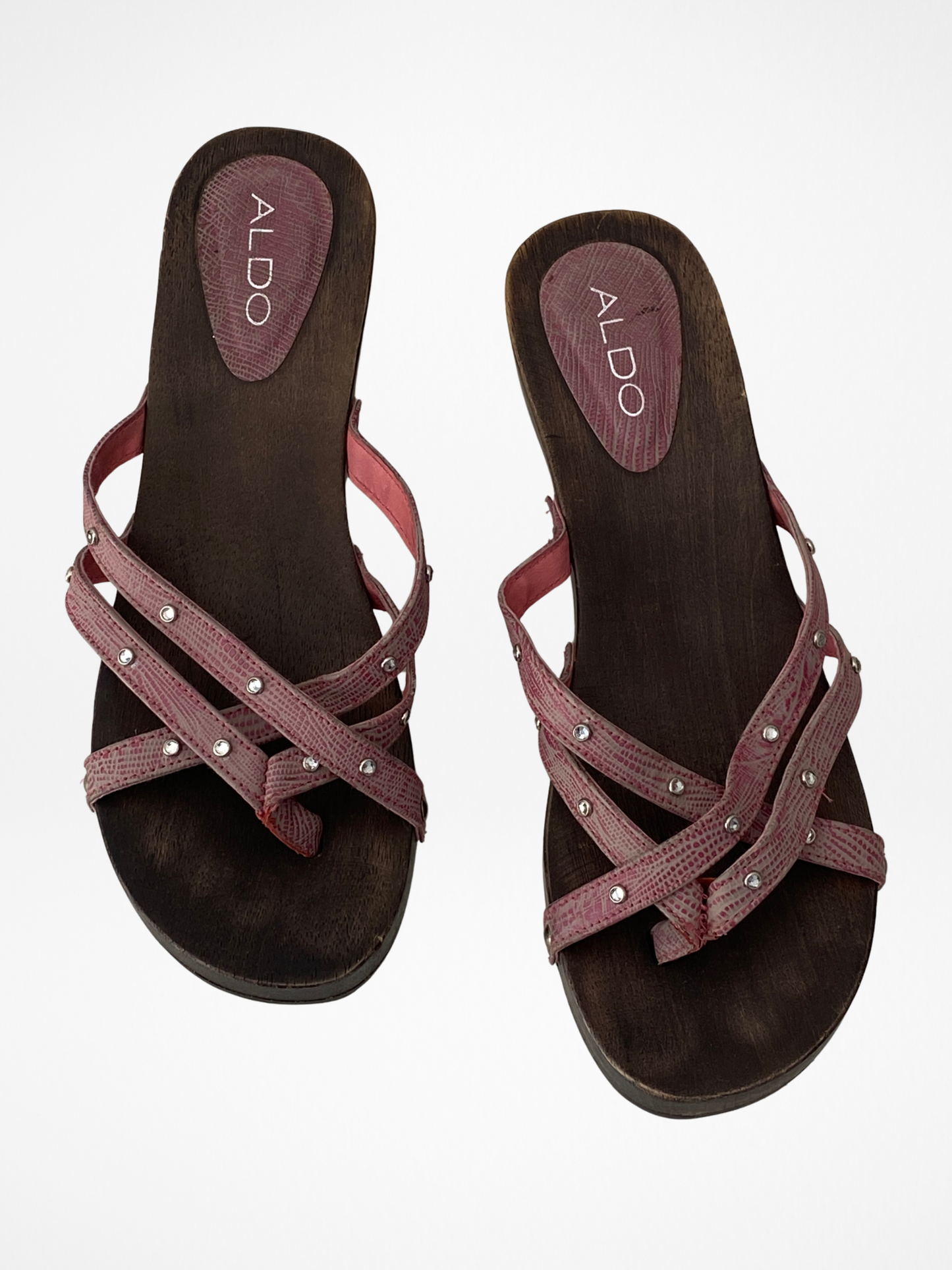 Vintage Y2K ALDO Pink Rhinestone Strappy Wooden Clog Sandals - 37 EU