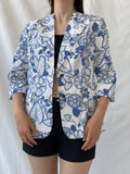 Y2K Nancy Co White Blue Floral Linen Blend Oversized Fit Blazer - L