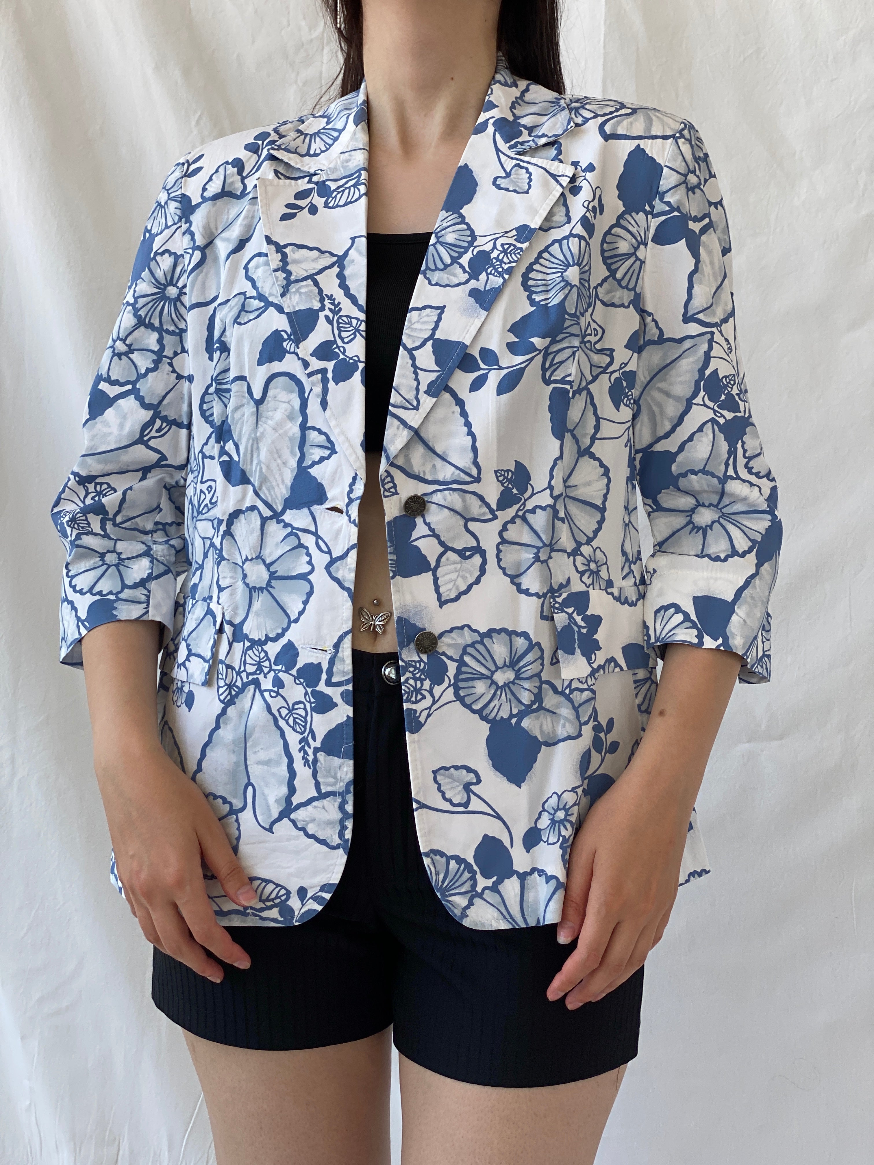Y2K Nancy Co White Blue Floral Linen Blend Oversized Fit Blazer - L