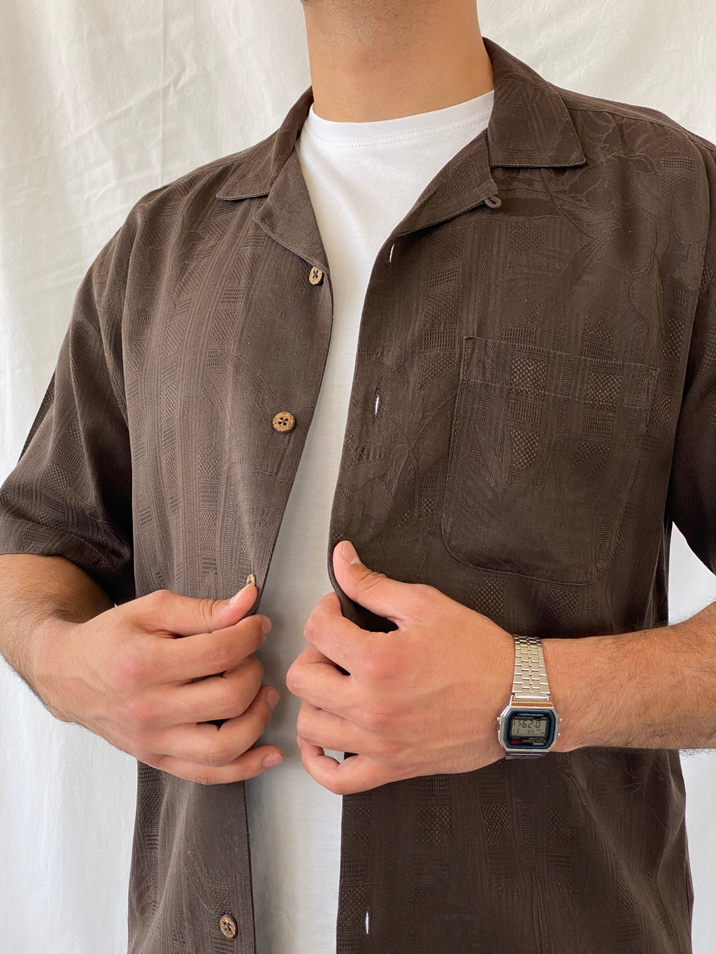 Vintage Gold Tri-Mountain Brown Half Sleeve Button Up Pure Silk Men’s Shirt - M