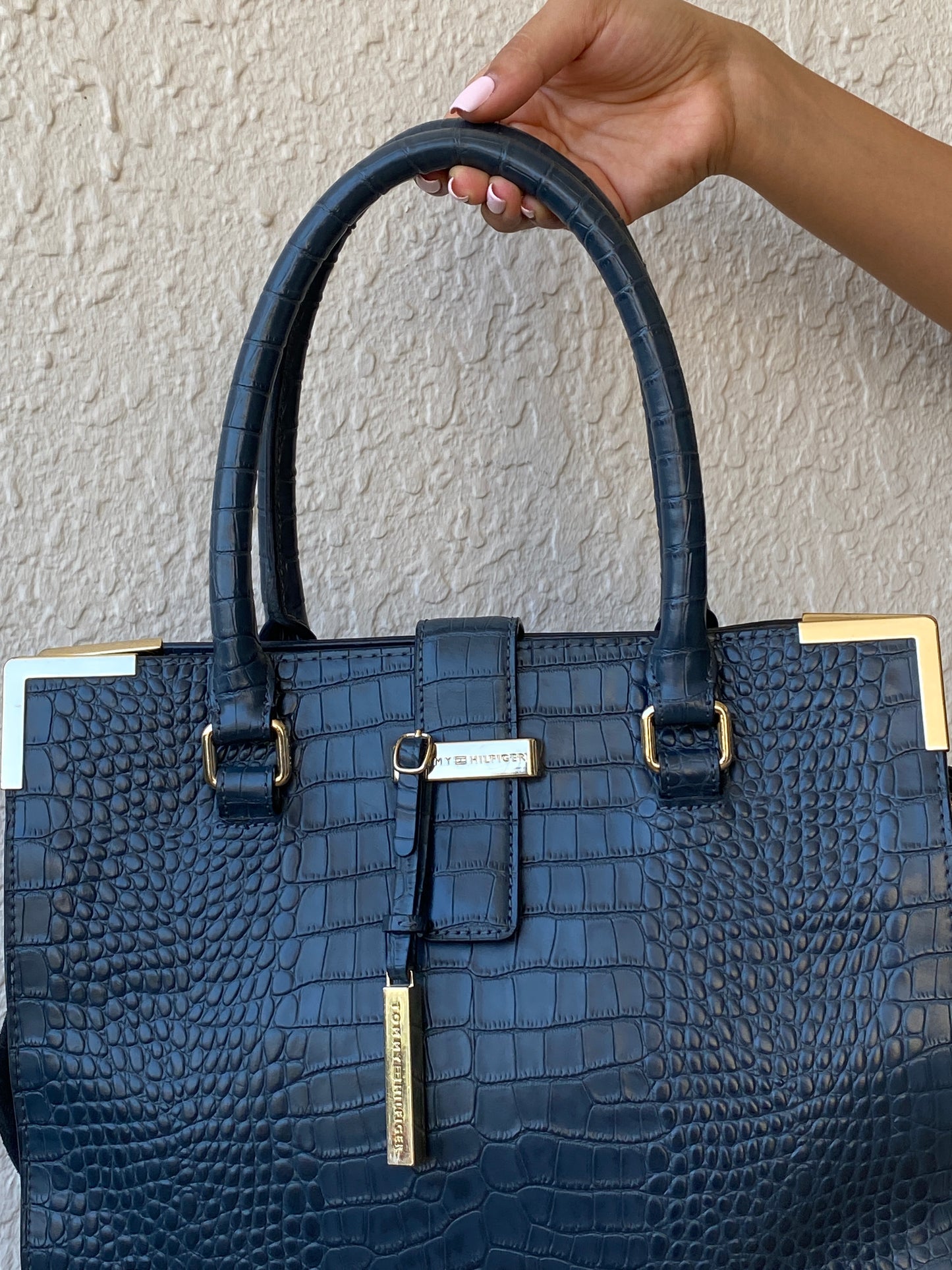 Tommy Hilfiger Navy Croc-Embossed Structured Tote