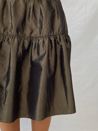 90e Morgan De Toi Metallic Olive Green Tiered Midi Skirt - M