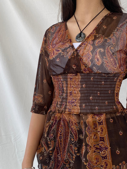 Y2K SAVIDA Brown Paisley Print Sheer Scrunched Waist Top - L