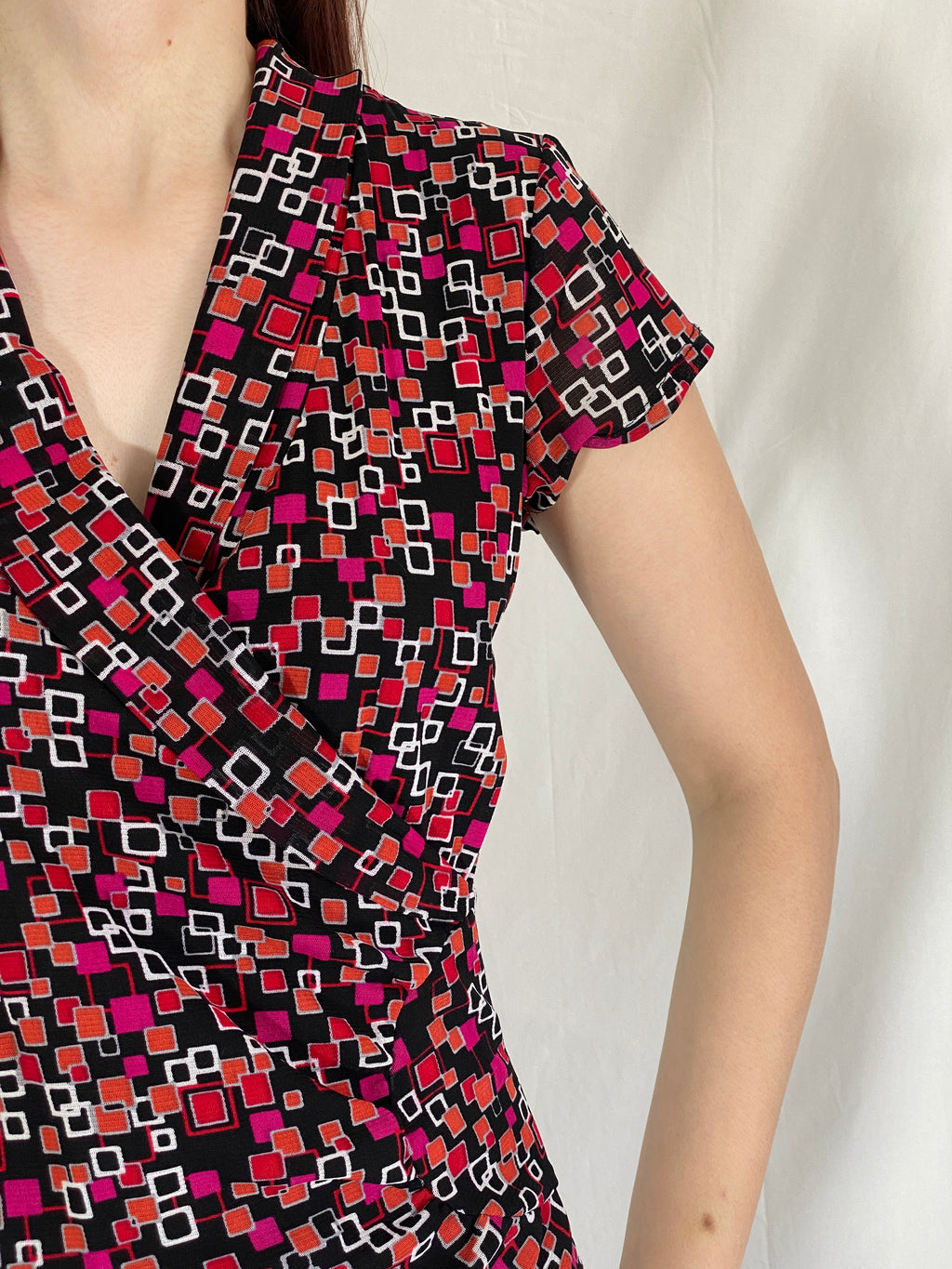 Y2K Marco Polo Ruched Wrap Waist Top Geometric Print Short Sleeve Blouse - M