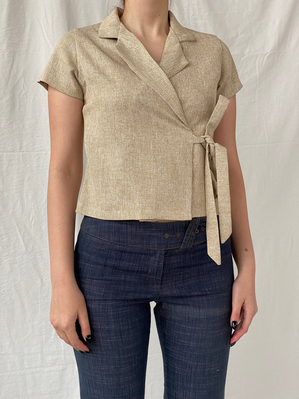 Gorgeous Hana Milin Cotton Linen Blend Women’s Beige Short Sleeve Wrap Blazer - S