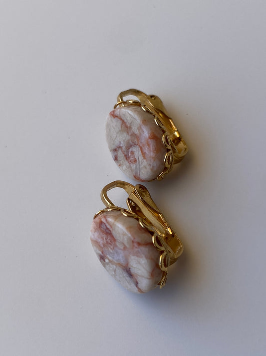 Vintage Marble Effect Oval Earrings Gold Tone Minimalist Clip-On