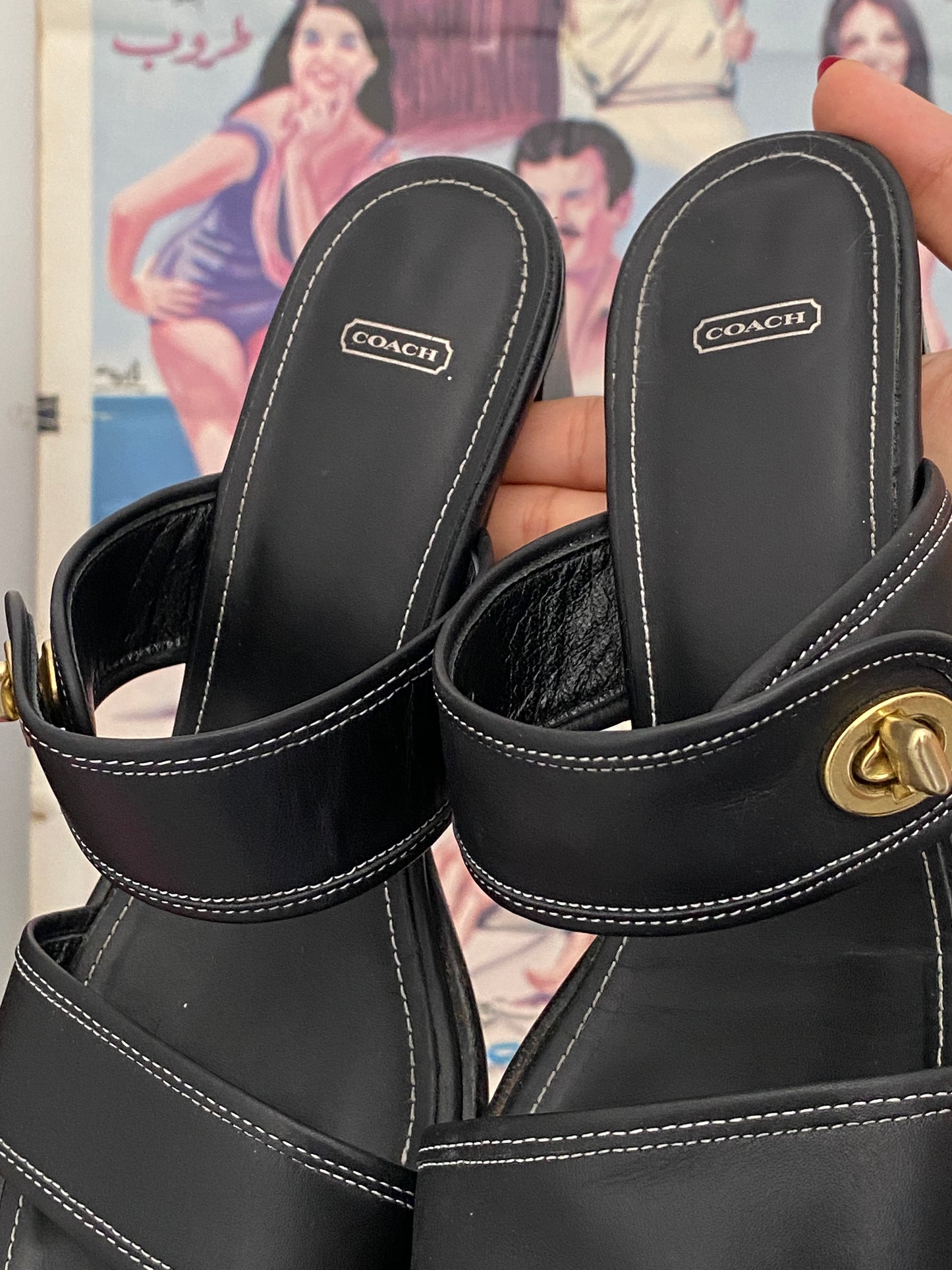 Vintage Coach Molly Black Leather Turnlock Block Heel Sandals - 38.5 EU