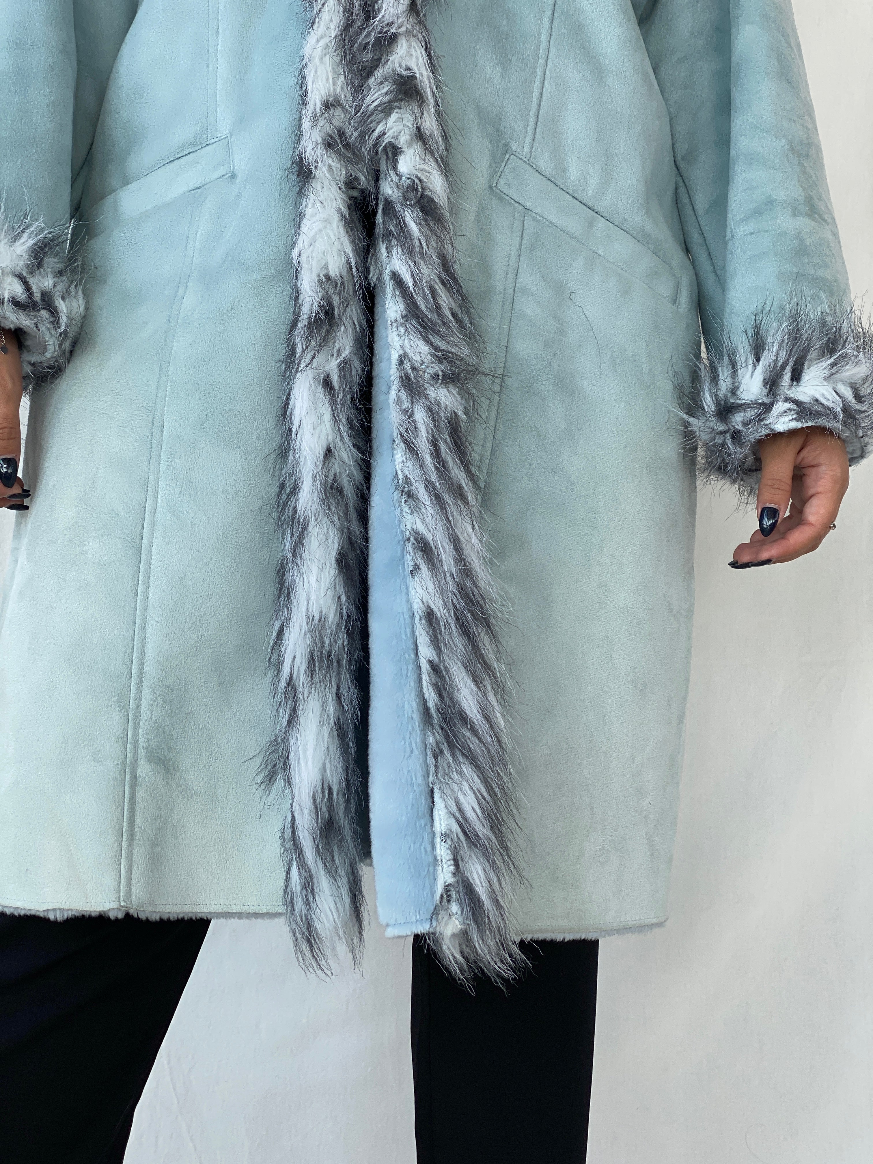 Y2K Blue Faux Fur Afghan Style Penny Lane Coat - 2XL