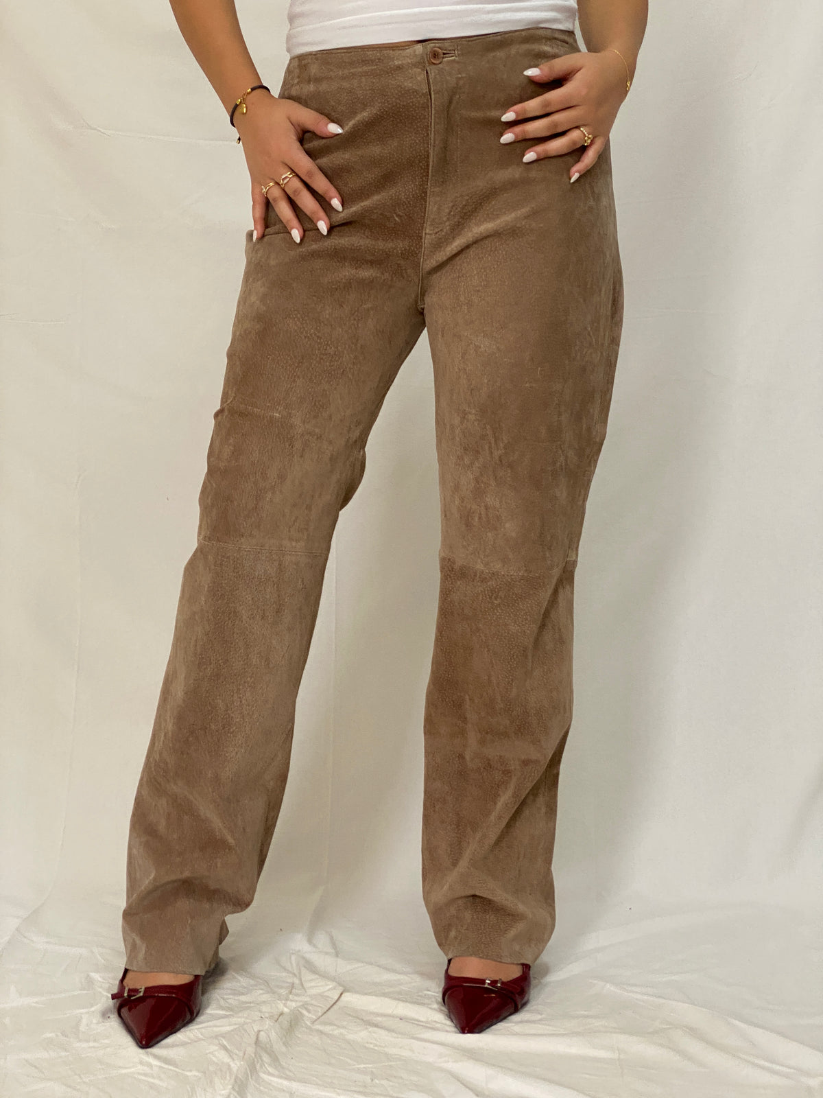 Vintage Live a Little Genuine Suede Pants Tan High-Waist Straight-Leg Trousers- L Vintage Live a Little Genuine Suede Pants Tan High-Waist Straight-Leg Trousers- L