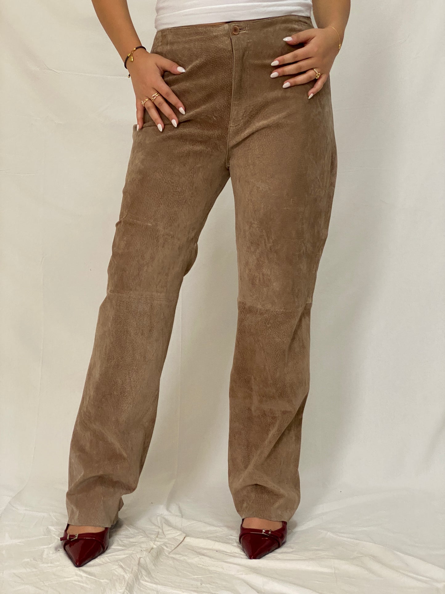 Vintage Live a Little Genuine Suede Pants Tan High-Waist Straight-Leg Trousers- L