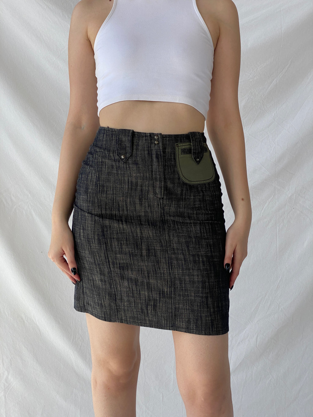 Vintage Jacqueline Riu Black Crystal-Cut Denim Mini Skirt - S