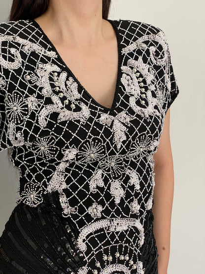 Vintage 80s Laurence Kazar Black & White Silk Beaded Sequin Cocktail Dress - M