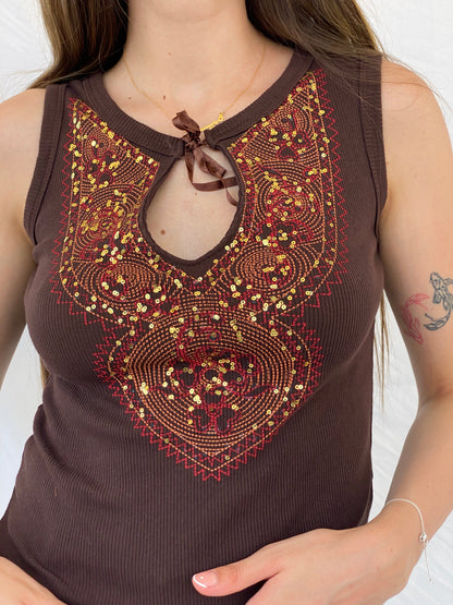 Vintage V London Brown Sequined Sleeveless Top - S