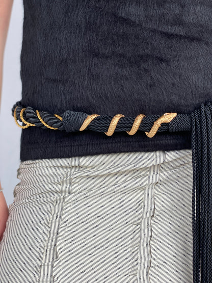 00s Cavalli Class by Roberto Cavalli Black Macrame Rope Fringed Belt with Gold Snake Metal Hardware