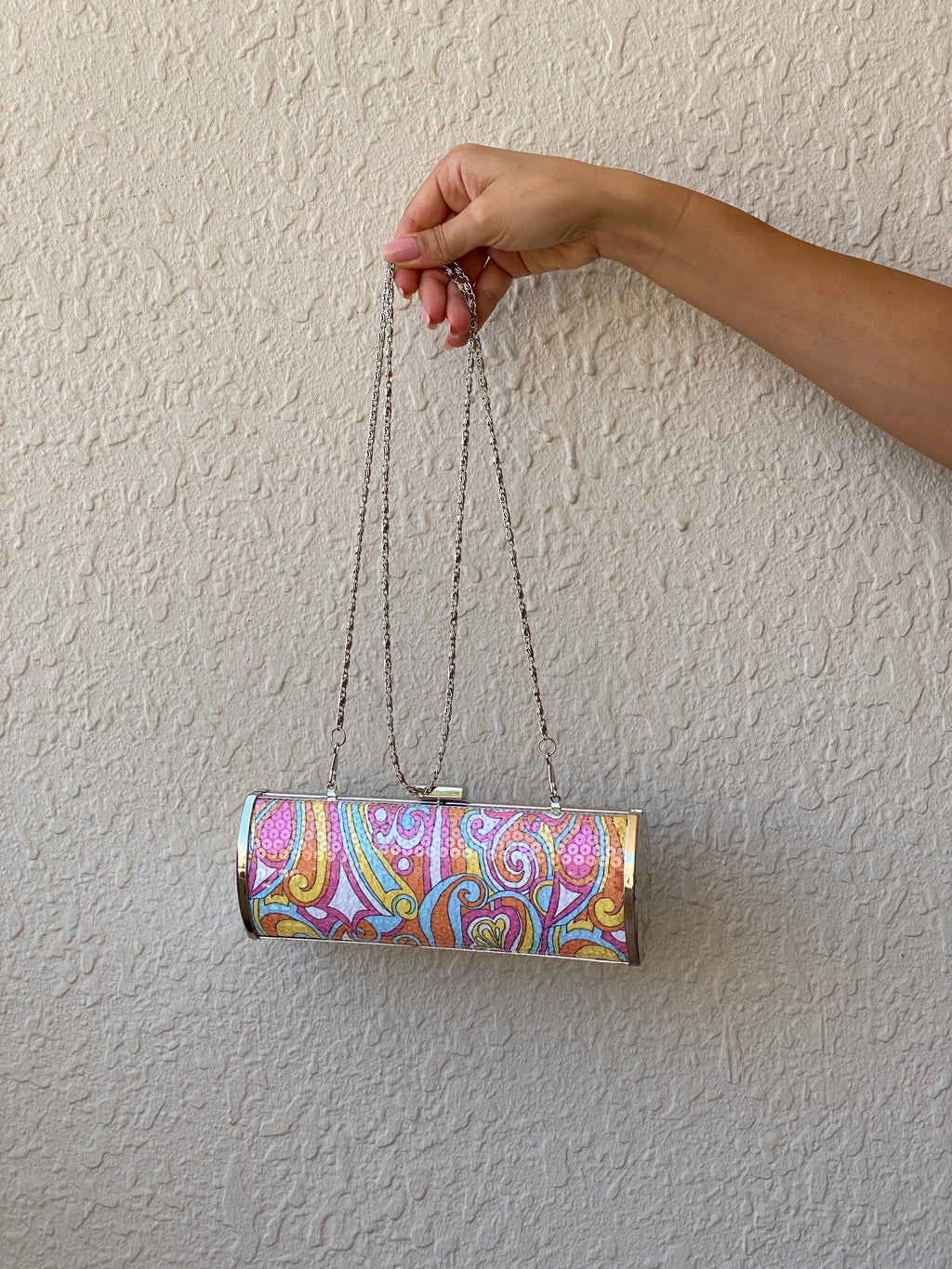 Multicolor Sequined Groovy Silver Hardware Party Clutch
