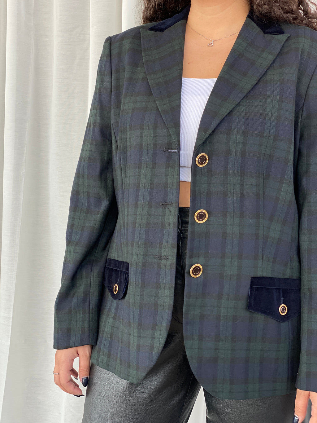 Vintage Fair Lady Preppy Plaid Velvet Collar Blazer Jacket Suit - XL