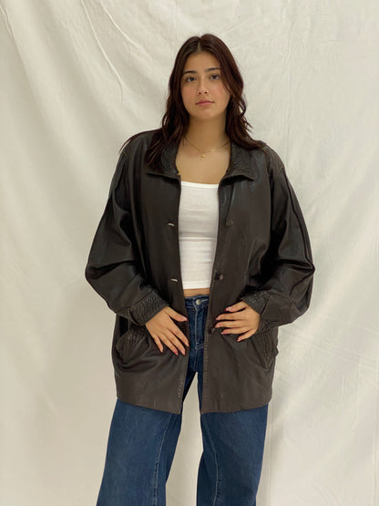 Vintage Brown Leather Coated Oversized Jacket with Textured Collar & Cuff Details - L