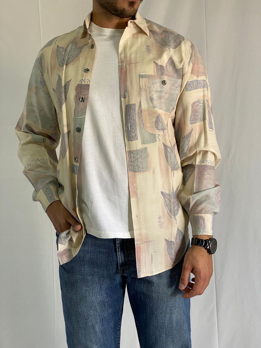 Vintage 90s Club D’Amingo Beige Abstract Leaf Print Men’s Long Sleeve Shirt - L